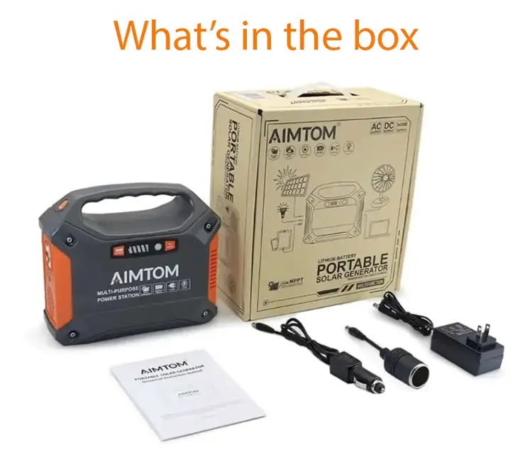 image of contents of the box containing the AimTom SPS 155 portable power station