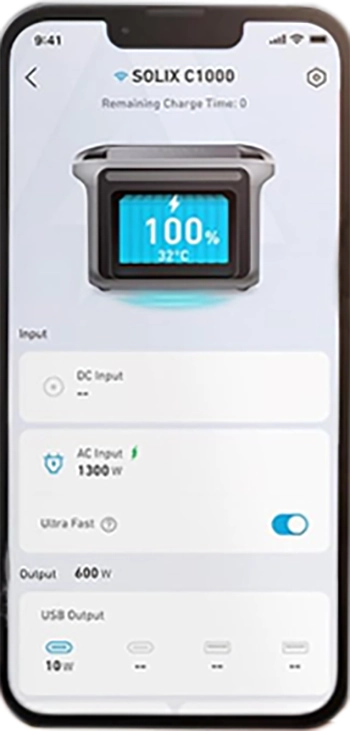 image of a phone displaying the app for the Anker Solix c1000 portable power station