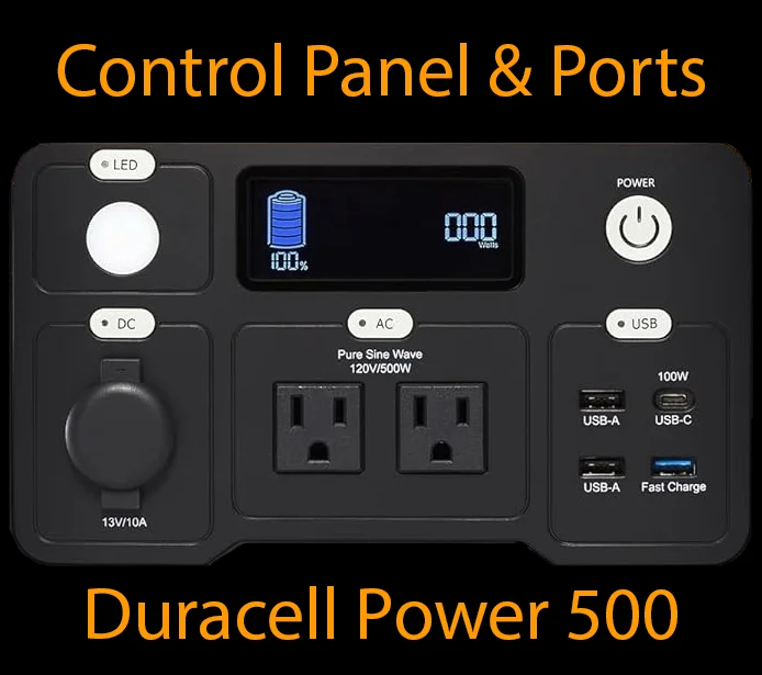 Image Of The Control Panel And Ports Of The Duracell Power 500 Power Station